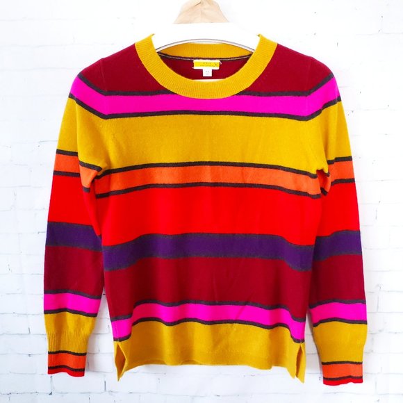 J Crew 100% Cashemere Crewneck Sweater Size XS Multi Stripe Mustard Yellow Red - Picture 2 of 6